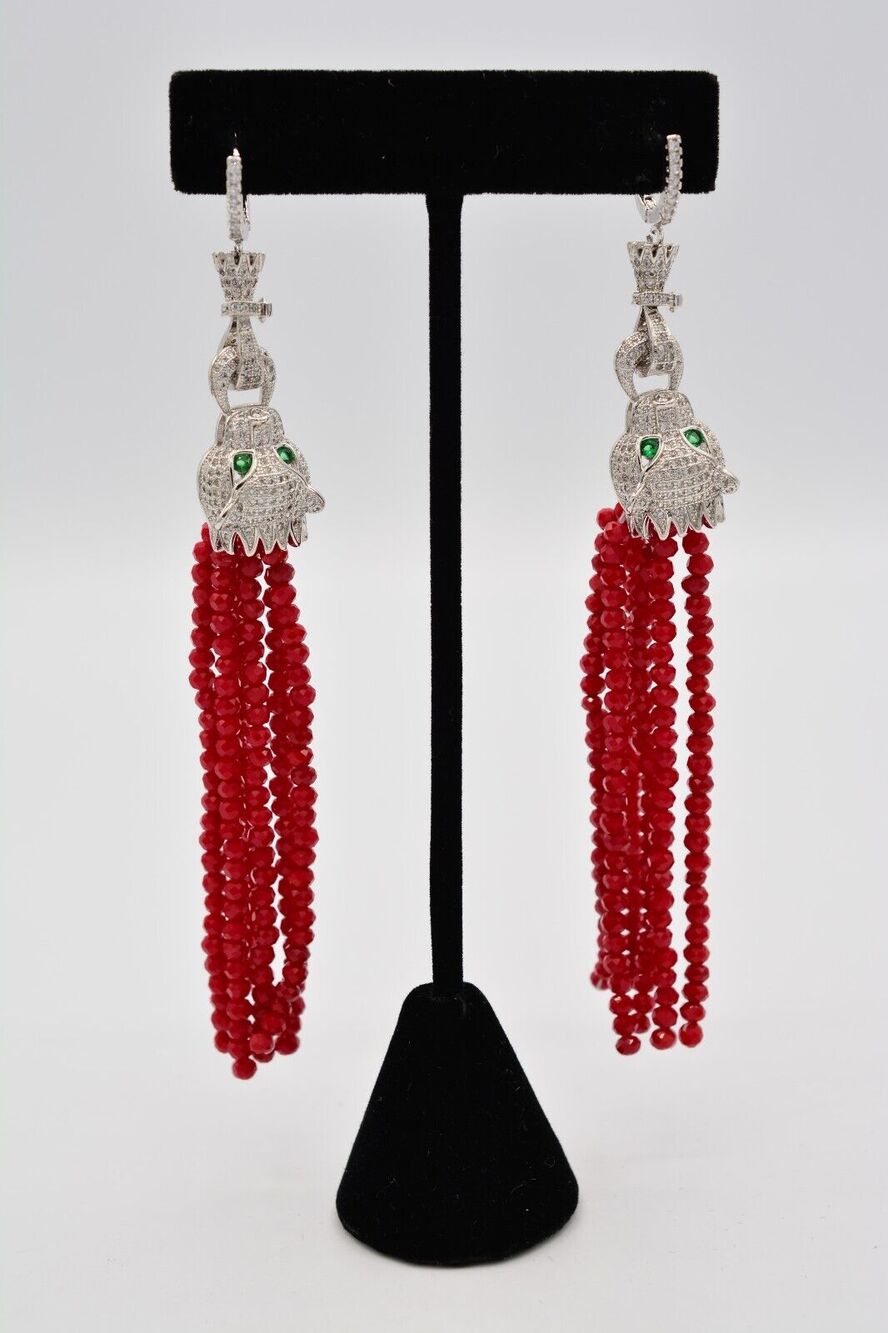 Vintage Jaguar Earrings Leopard Rhinestone Crystal Red Tassel Sparkling BinAA